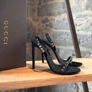 Gucci Black Suede Mallory Crystal Heeled Sandals